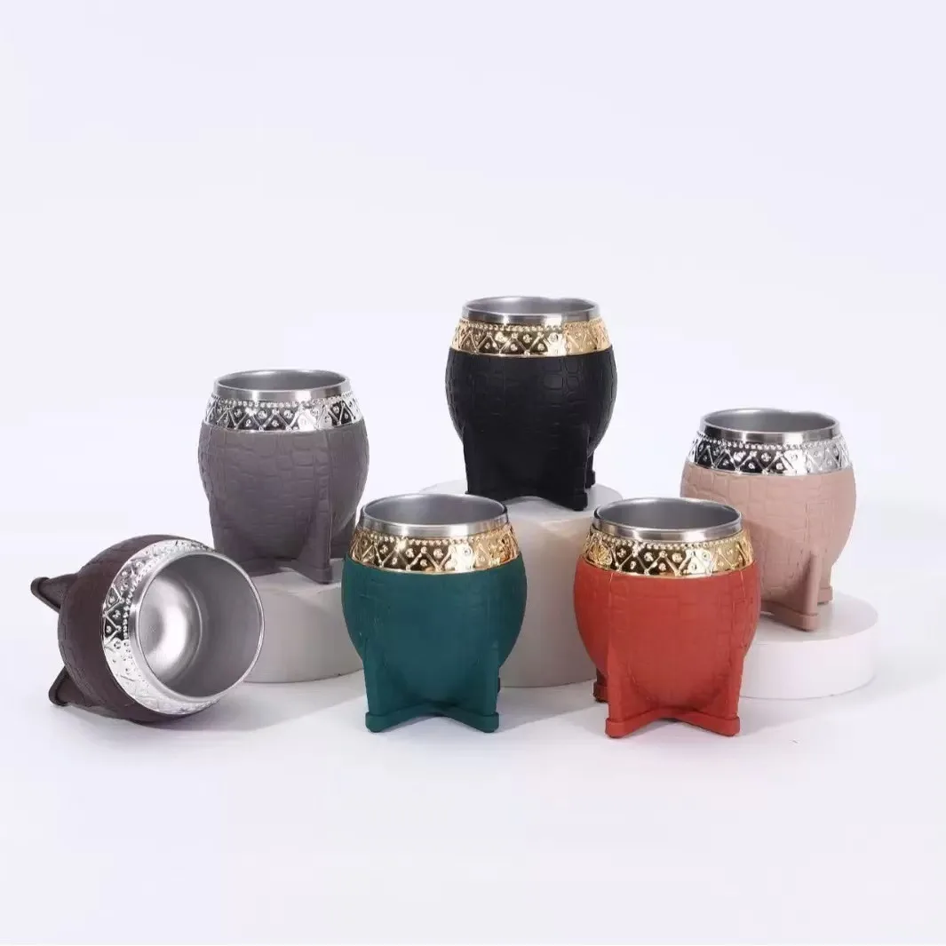 Stainless Steel Yerba Mate Cup with Straw Lid & Egg-Shell Texture & Tortoise-Shell Texture 2